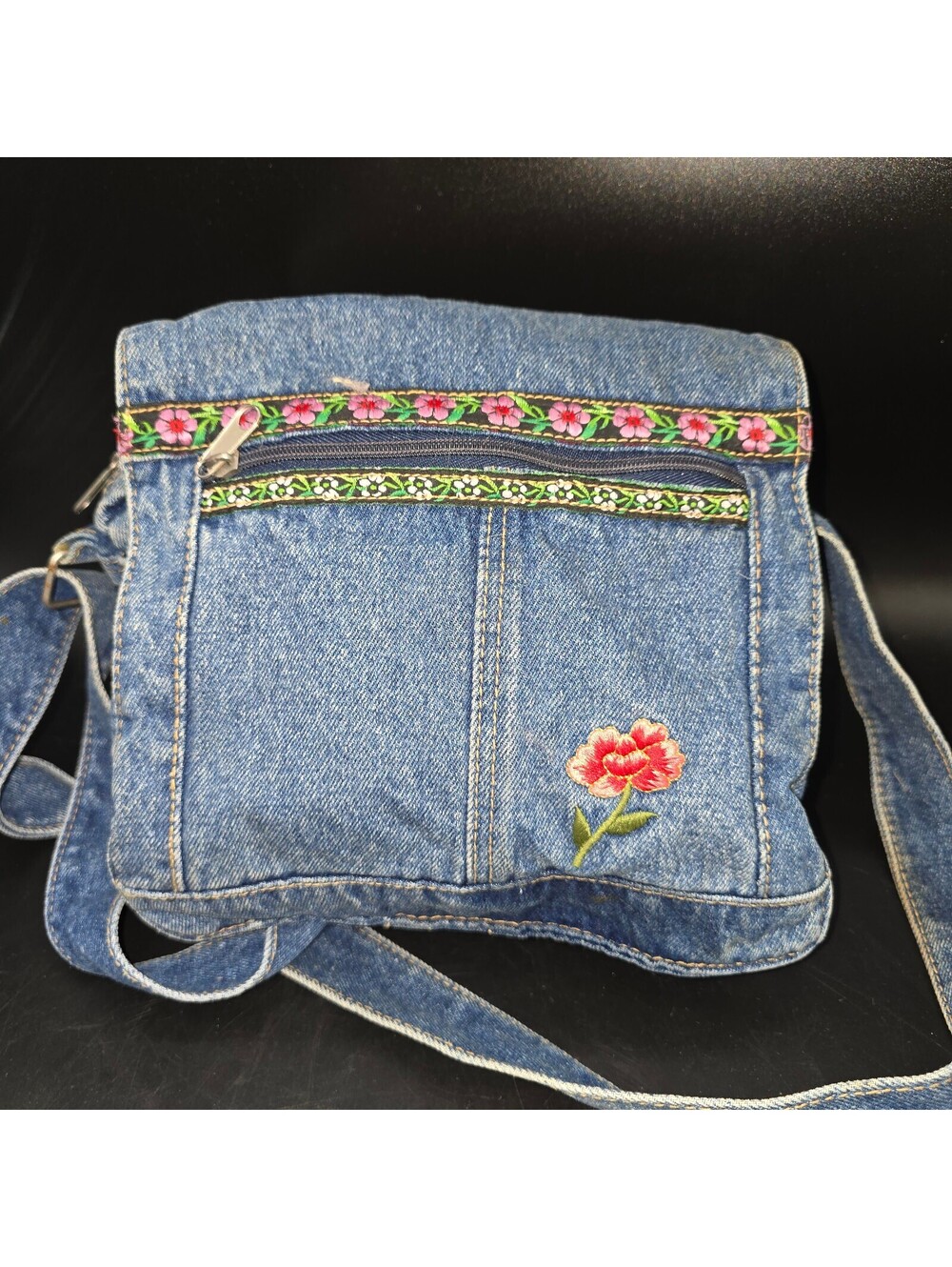 Vintage 90s Denim Embroidered Shoulder Bag Crossbody Tyrolean Floral Boho Folk